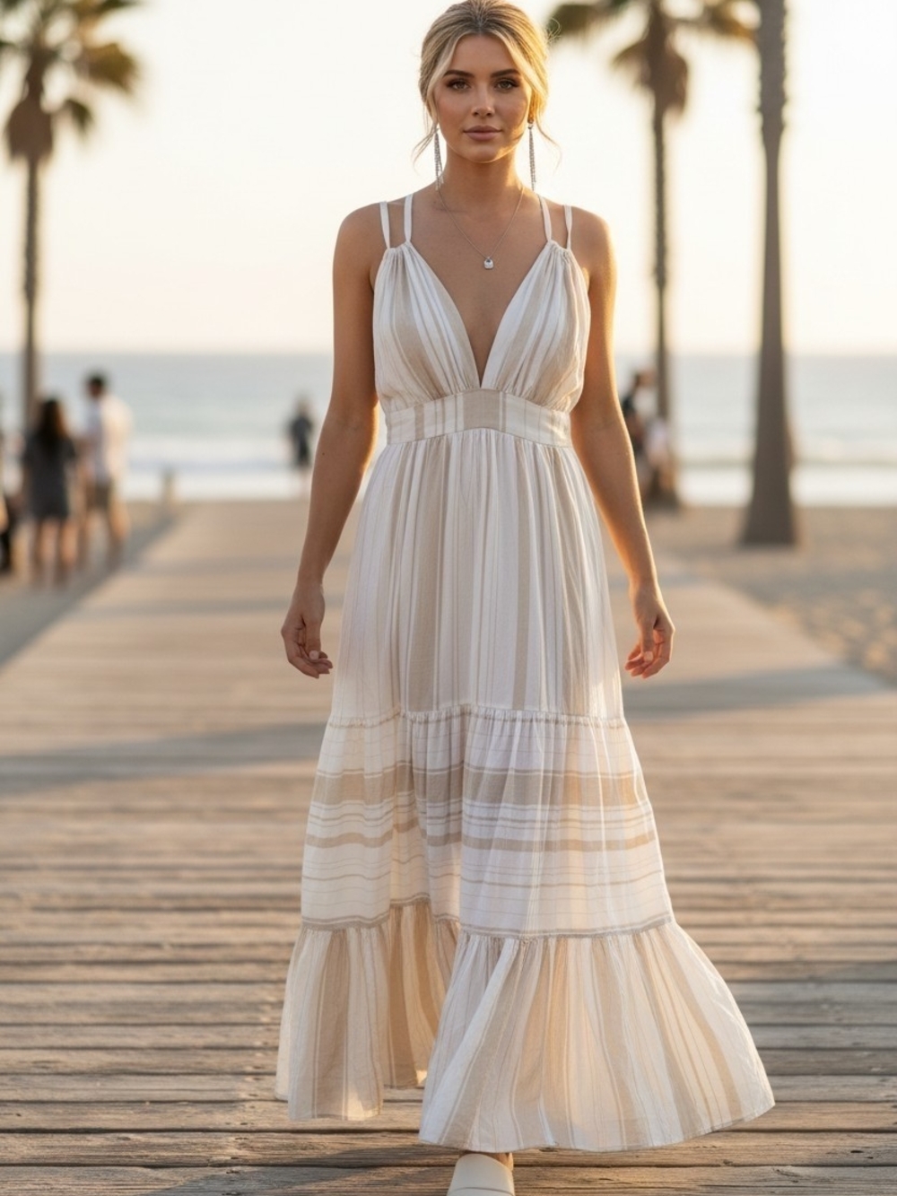 NEW Luxxel Cream Striped Maxi Dress with Plunging V-Neck